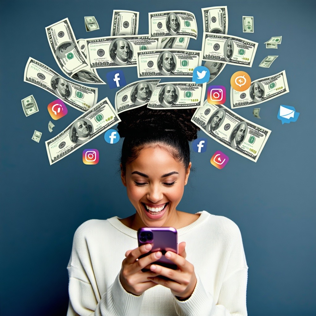 a person looking at their phone happy with money images over their head social media icons increased revenue figures up to 100k