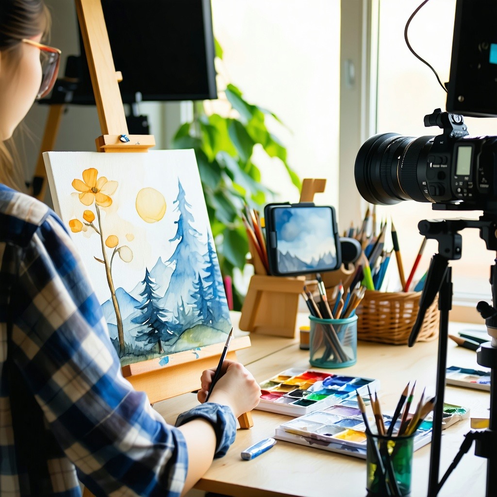 show a person in an art studio with recording equipment for social media Mae the studio for recording the art drawing and painting process Make it exciting At home desk show a person in an art studio with recording equipment for social media Mae the studio for recording the art drawing and painting process Make it exciting At home desk
